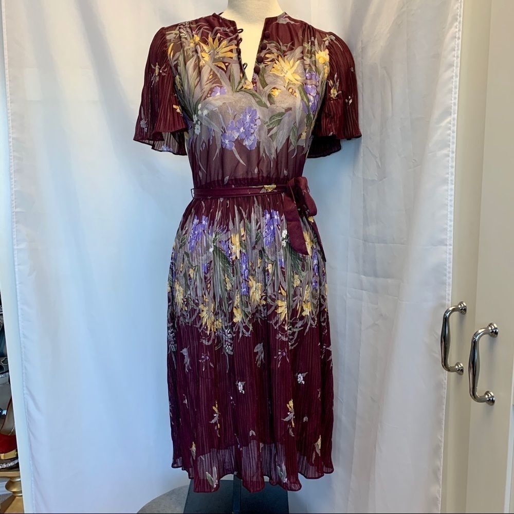 Vintage Janine burgundy maroon pleated floral flower short sleeve dress Sz S